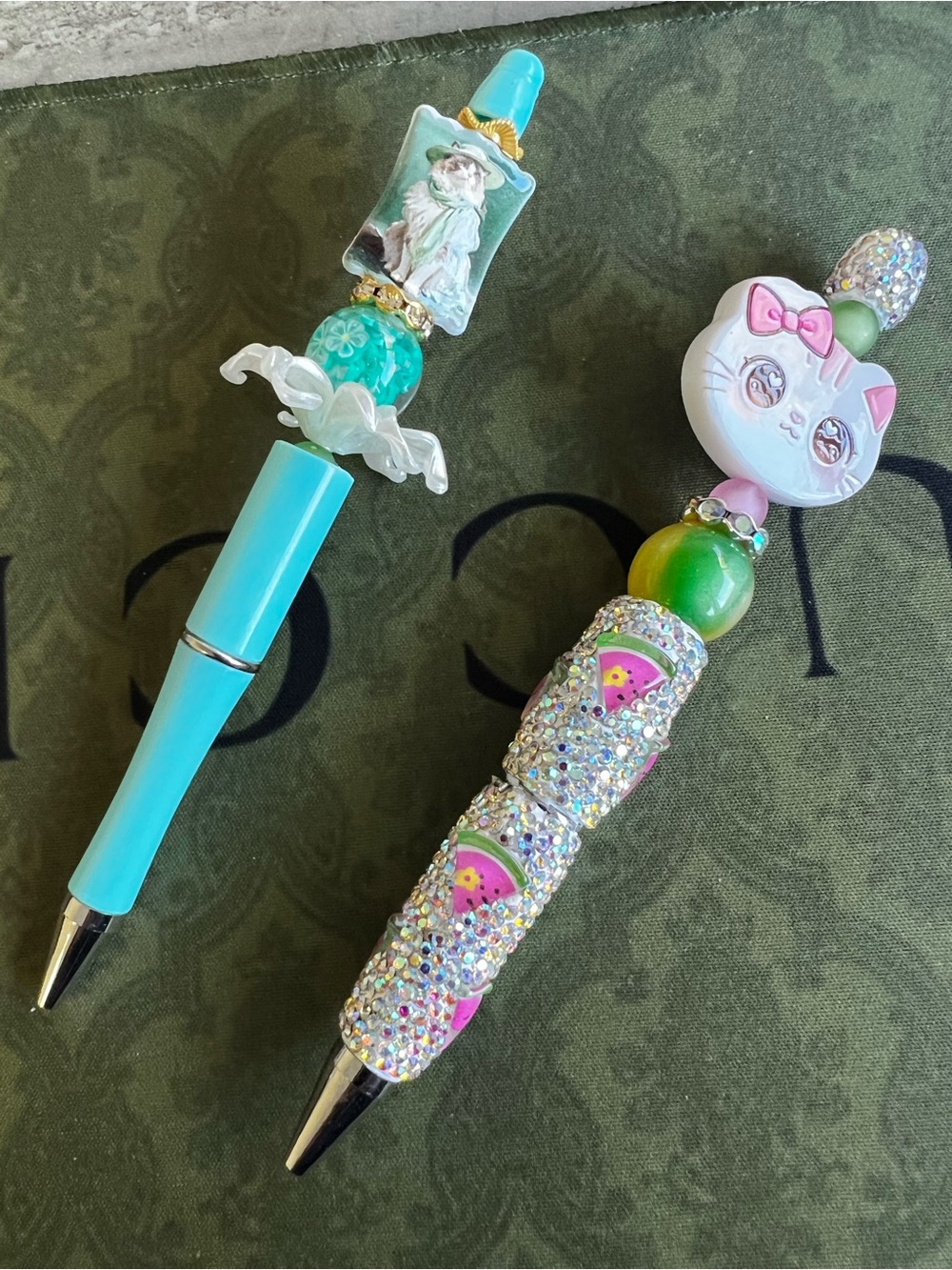 2x pens cat Cute Turquoise and Pink Beaded bling watermelon Pen Set